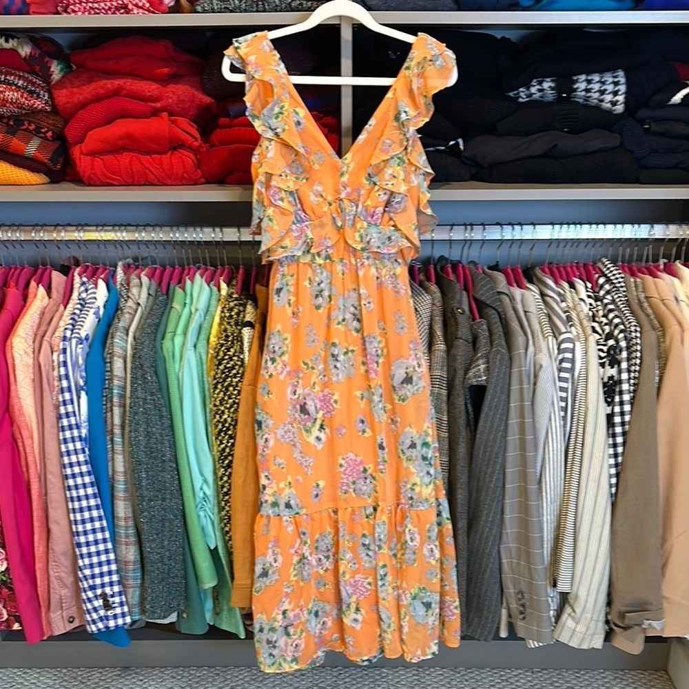 Lauren Conrad peach/blue/purple floral tie back line ruffled midi dress XS NWT